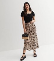 New Look Brown Zebra Print Satin High Waist Midi Skirt